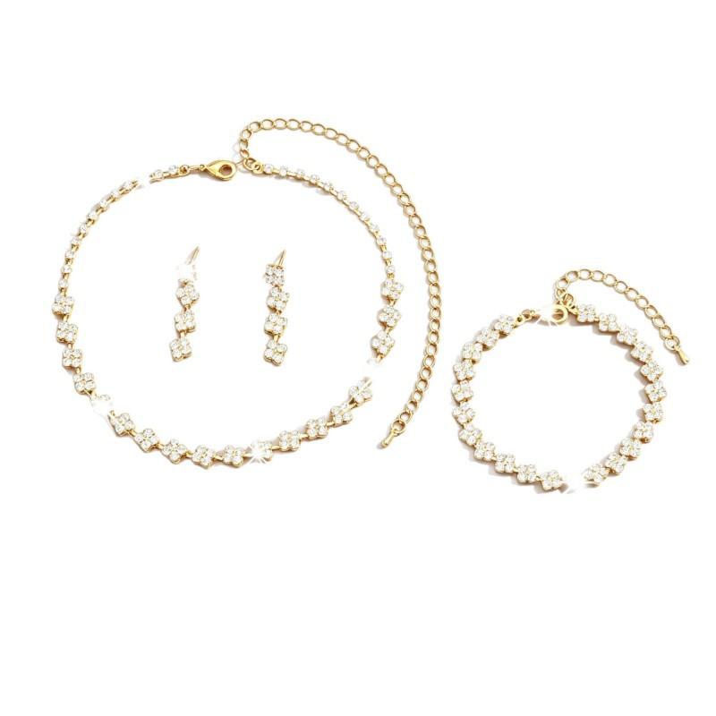 Elegant Four Leaf Clover Crystal Jewelry Set Women - Necklace Earrings Bracelet In Eco-Friendly Gold Or Plating