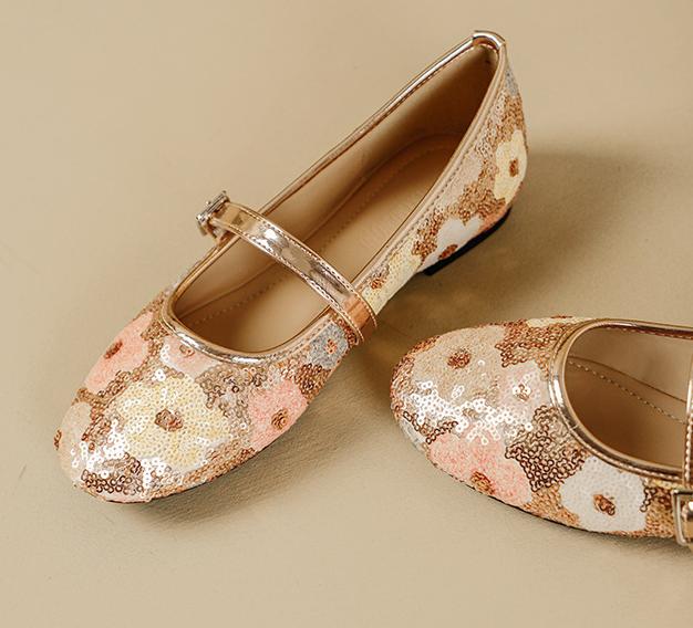 Fashion Designer Paillette Flower Ballets Shoes Ladies Belt Buckle Mary Janes Woman Soft Soled Flats Loafers Traf Gold Ballerinas Femme