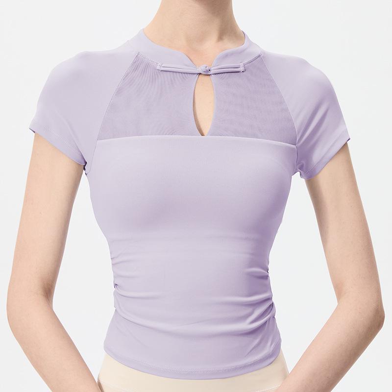 Chinese Style Quick-Dry Yoga Top: Short Sleeve, Side Ruched, Slim-Fit with Chest Pad for Fitness