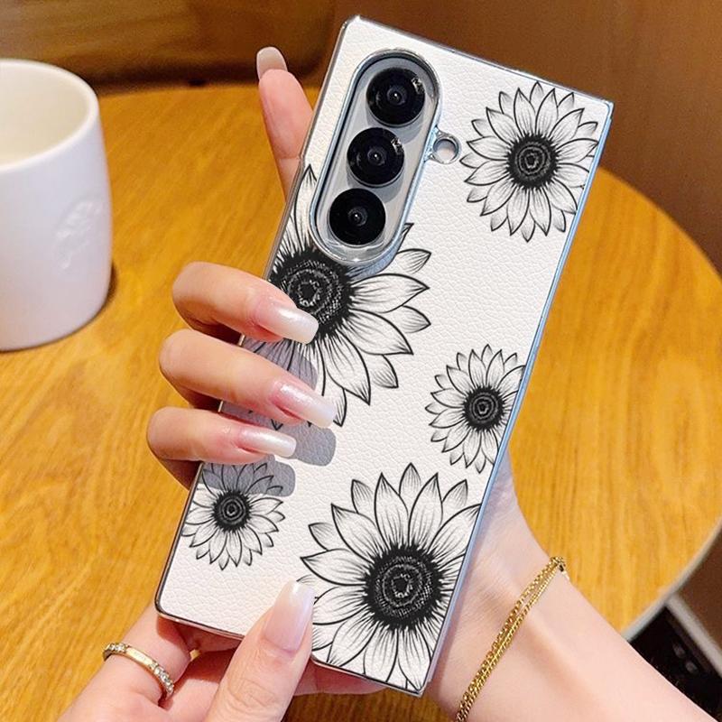 Line Flower Pattern Case For Samsung Z Fold 7 6 5 Luxury Hybrid 3in1 Leather Skin Plating Folding Phone Cover For Samsung Z Fold7 Fold6 Fold5