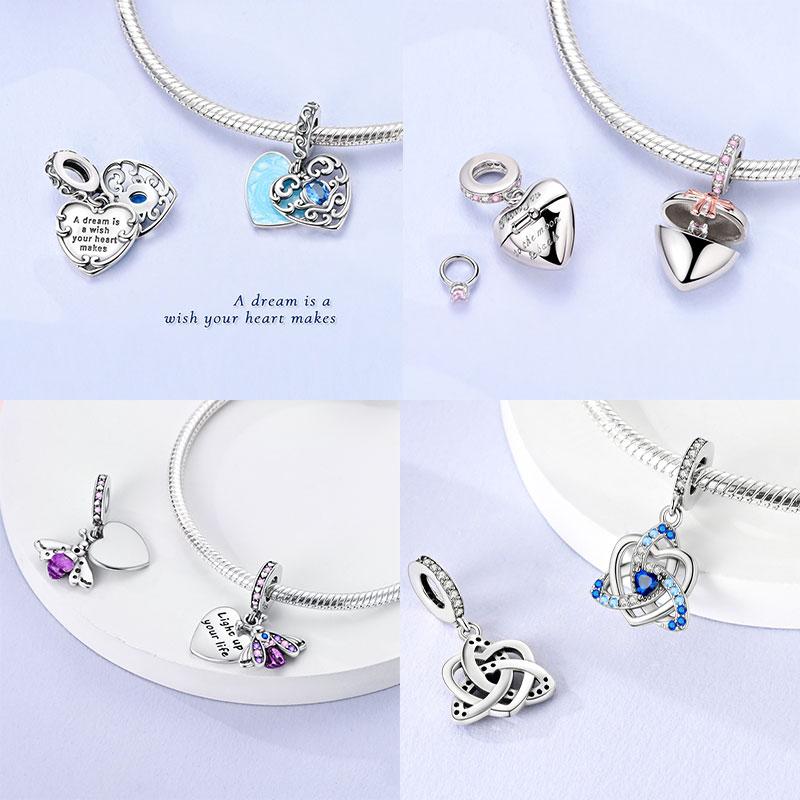 Breloque Pendentif Perles Cœur Rose Scintillant Cuivre Compatible Bracelet Original Pour Femmes Bijoux Cadeaux Saint-Valentin