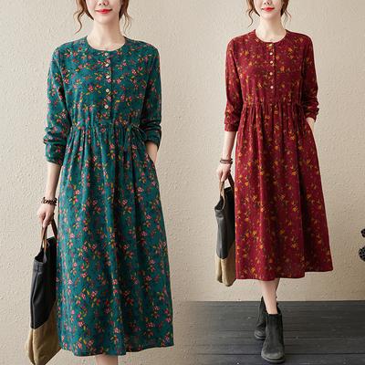 Damen Herbst Tailliertes Baumwoll- und Leinenkleid Geblümt Langärmlig Dünner Langer Rock