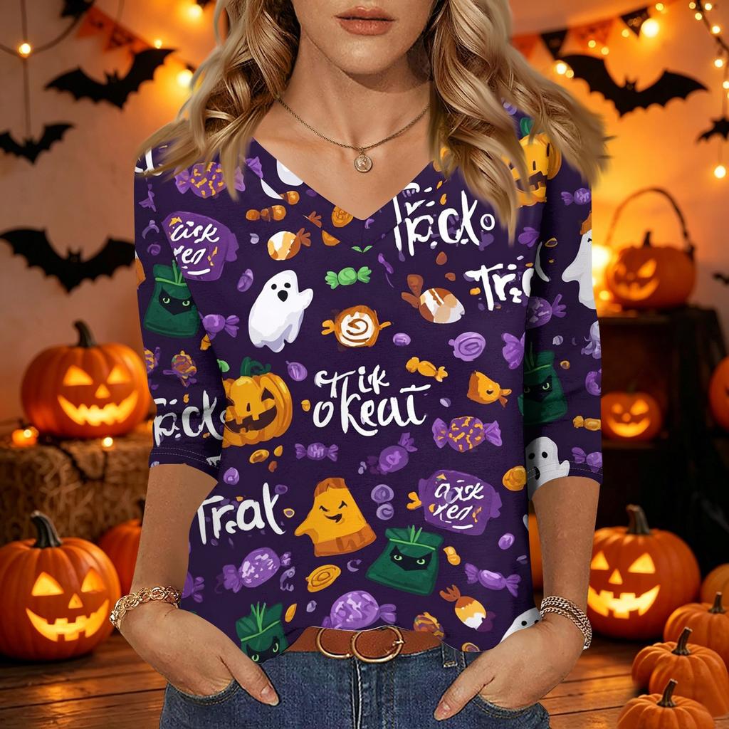 Damen Halloween Print V-Ausschnitt 3/4 Ärmel Lässiges Oberteil Leichter Weicher Stoff Lockere Passform Pulloverhemd für Saisonale Kleidung