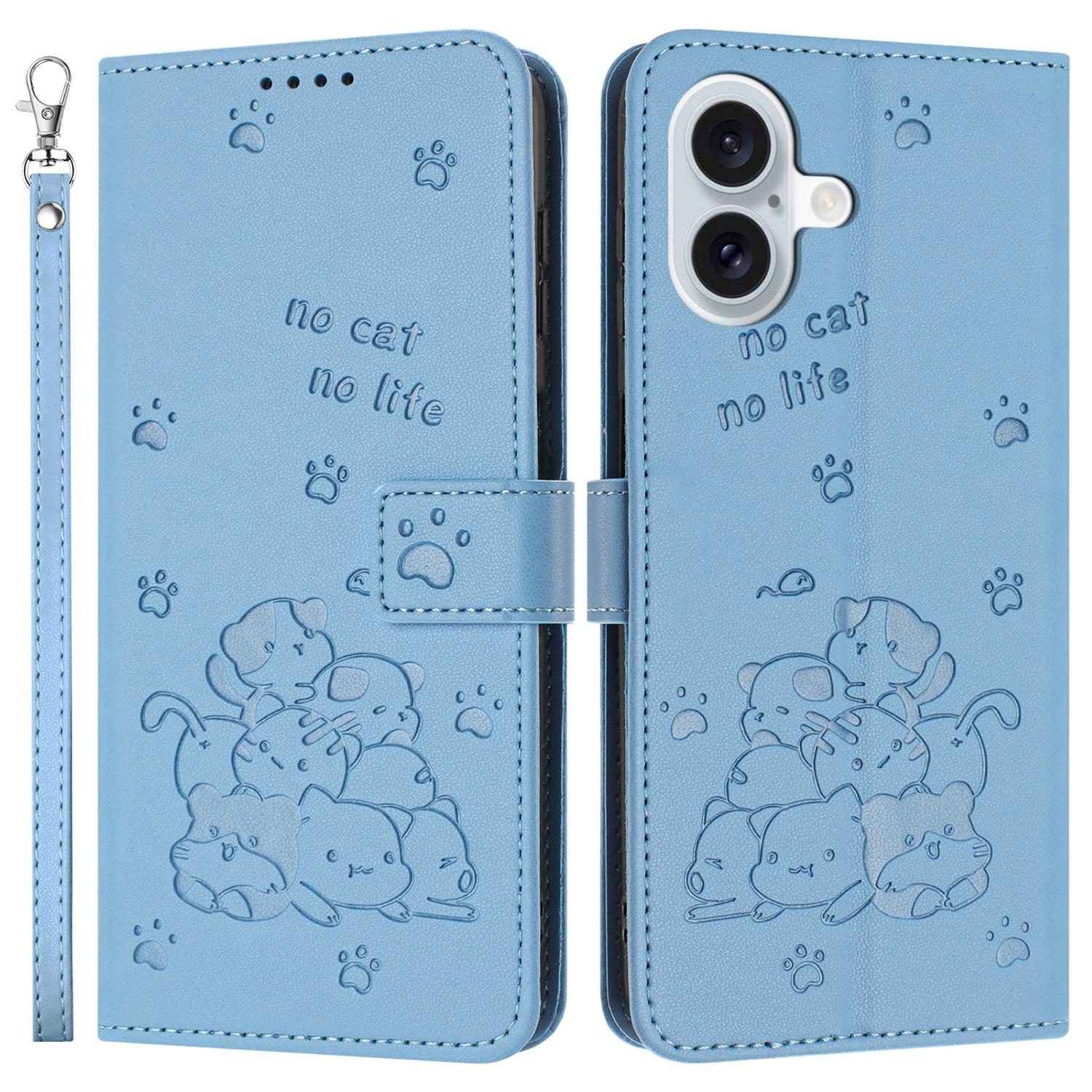 

For iPhone 16 Case with Strap Cats Imprint Leather Wallet Phone Cover C