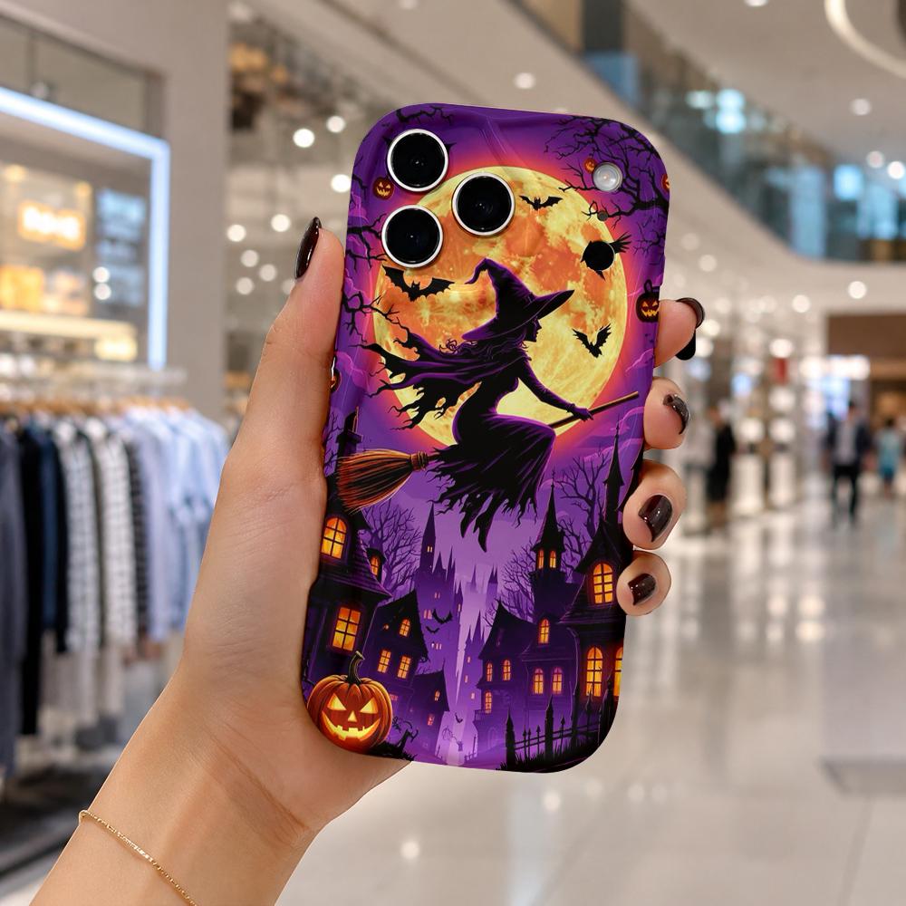 Wavy Edge Phone Case For iPhone 16 15 14 Pro Max 13 12 11 Mini XR XS SE Halloween Flying Witch Castle