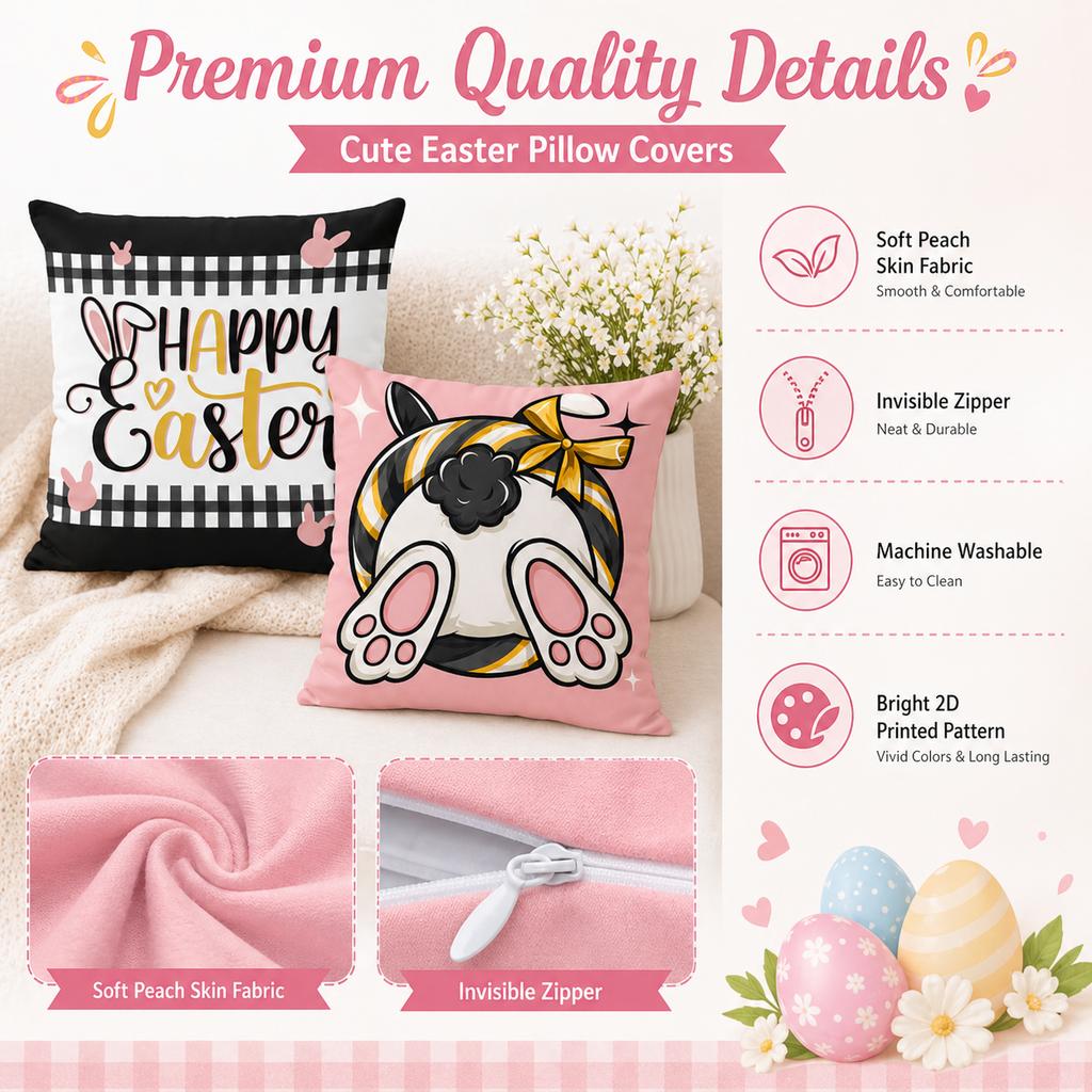 Happy Easter Bunny Egg Pillow Cover 2D Flat Print Peach Skin Plaid Cushion Cover For Couch Living Room Spring Decor 45X45