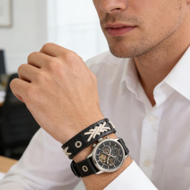 Adjustable Black Leather Bracelet Handcrafted With Wax Cord And Alloy Parts Creative Wristband For Men And Women