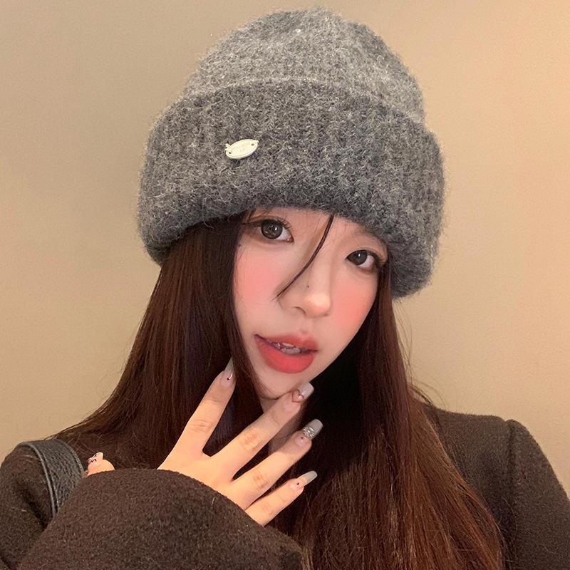 Korean version gray knitted wool hat women's season versatile face small hat big head circumference ear protection cold hat