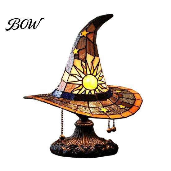 Warm Ambient Lighting Stained Glass Style Witch Hat Lamp, USB Powered Resin Wizard Night Light Retro Gothic Lamp with Sun Star, Halloween Table