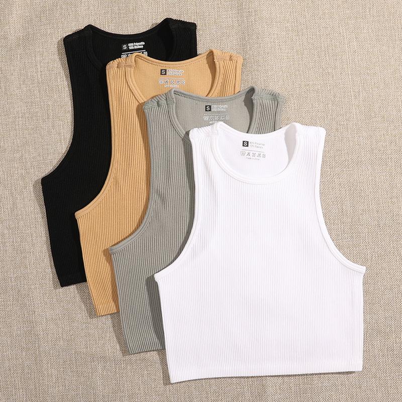 O-Ausschnitt Einfarbiges Crop-Top Damen Einfarbige Basic-T-Shirts Weste Nahtlos Streetwear Elastisches Gestrick Ärmellos Lässige Tanktops Damen