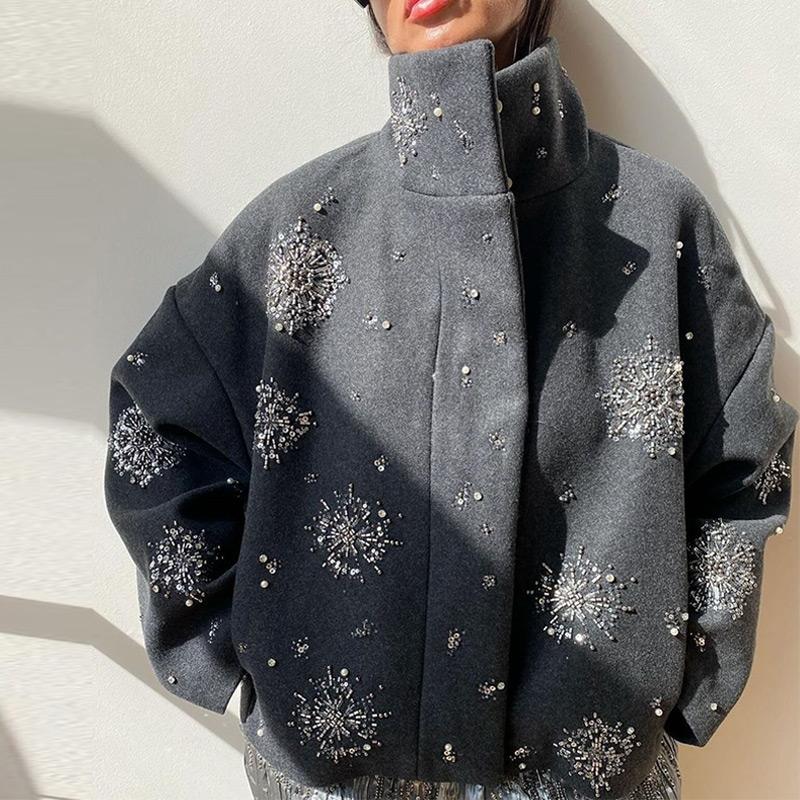 Casual Embroidery Beading Loose Women Coat Lapel Collar Bat Sleeve Solid Wool Blend Jacket 2025 Lady Luxury Spring Outerwear