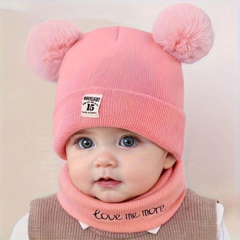 Baby Winter Hat & Scarf Set - Warm Knit Beanie with Pom Pom & Number Embroidery Soft Ear Flap Cap for Boys Girls Outdoor