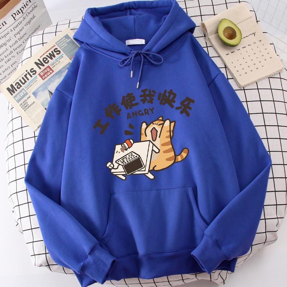 Fat Cat Slogans Work Is My Joy Clothing Casual High-Quality Hoodies Cartoon Fashion Hoody Daily Leisure Women's Sweater