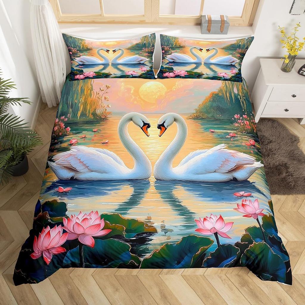 Red Rose Beding Set White Swan Soft Duvet Cover Quen Wild Animal Romantic Flower Warm Comforter Cover for Young Girls Woman Lady Weding Decor