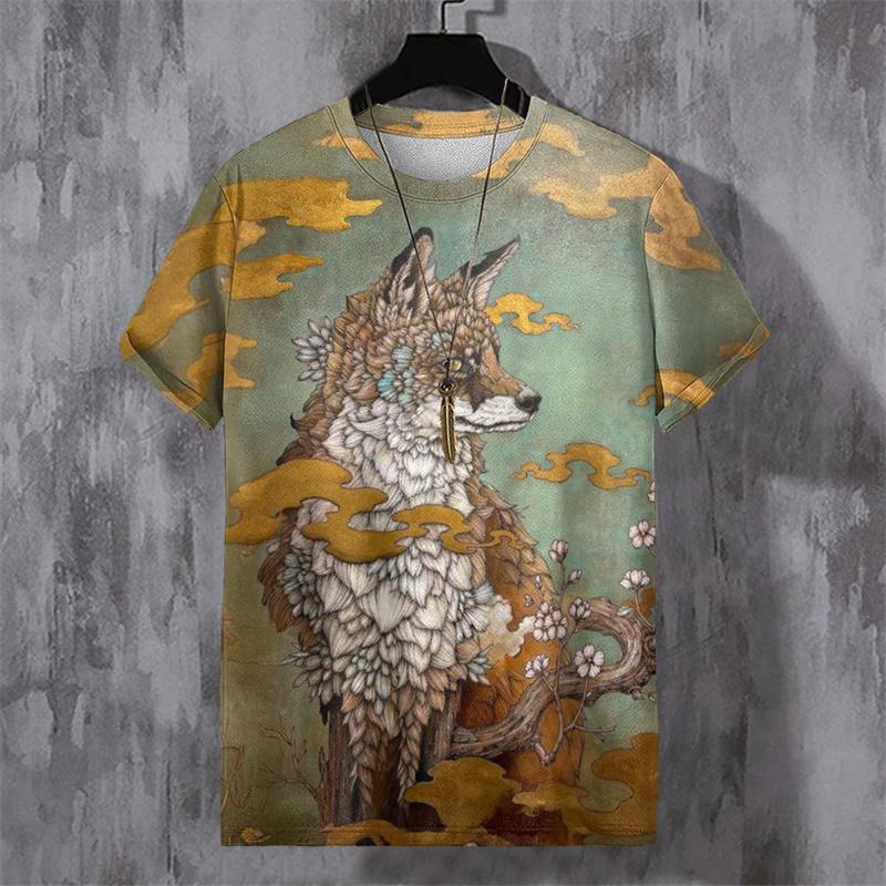 Cat Leopard Fox Pattern T Shirt For Men Retro Animal 3D Printed T-Shirts Summer Loose Unisex Short Sleeve Tees Round Neck Tops