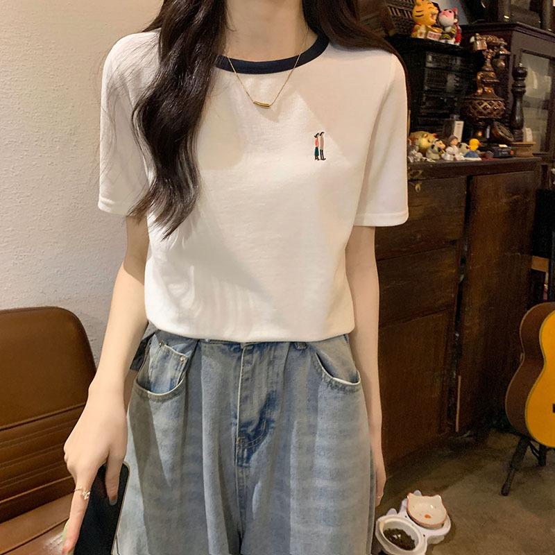 Round Neck Color-blocked Waffle Short-sleeved T-shirt for Women In Summer New Korean Version Loose, Lively, Lively and Age-reducing Half-sleeved Top