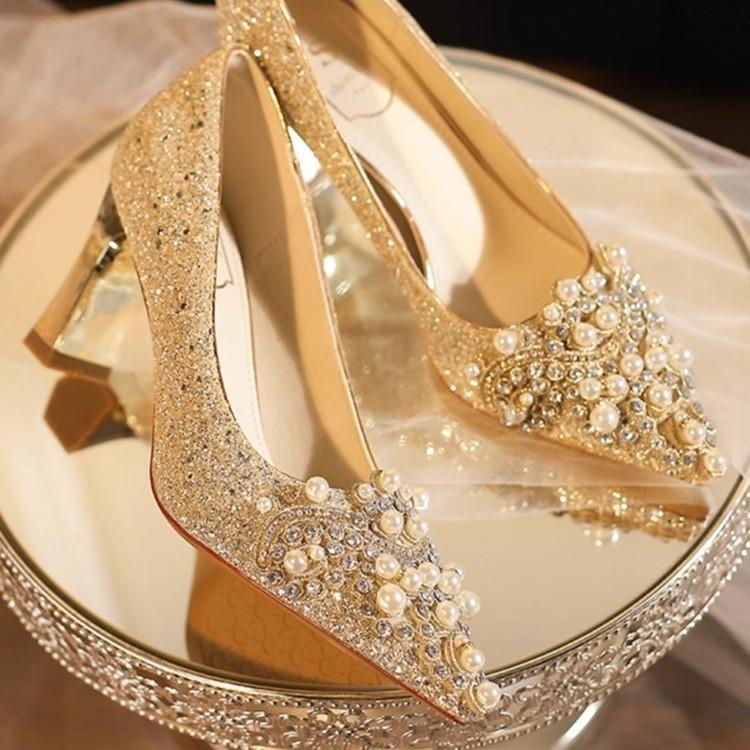 Large size sequined pearl applique stiletto high heels wedding shoes banquet dress comfortable and high-end women's shoes