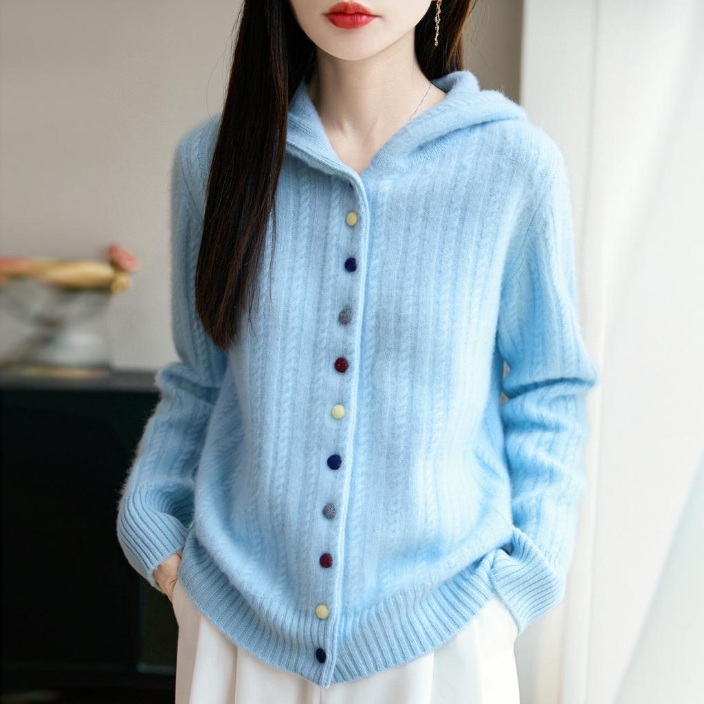 Women's Thickened Hooded Wool Cardigan: Autumn/Winter Simple Casual Cable Knit Sweater Coat