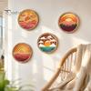 Living Room Wall Aesthetic 4Pcs Boho Sunset Art, Abstract Landscape Round Hanging Ornaments, Interior Design Soft Furnishings Wooden Decor for Bedroom