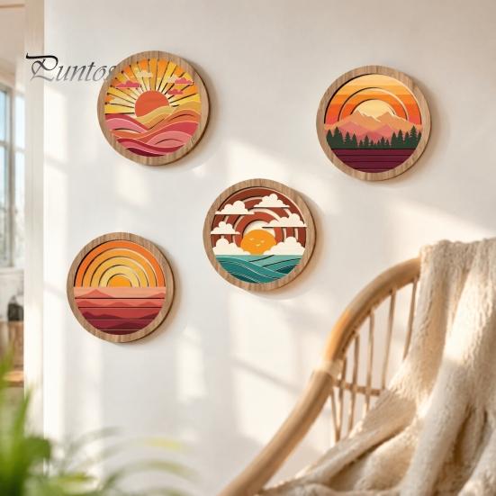 Living Room Wall Aesthetic 4Pcs Boho Sunset Art, Abstract Landscape Round Hanging Ornaments, Interior Design Soft Furnishings Wooden Decor for Bedroom