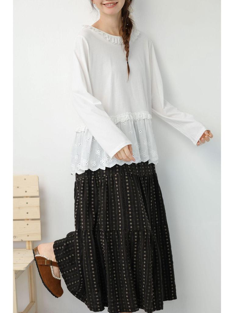 Spring Japanese Literary Lace Collar Knit T-shirt: Loose Embroidered Pure Cotton Layered Top for Women