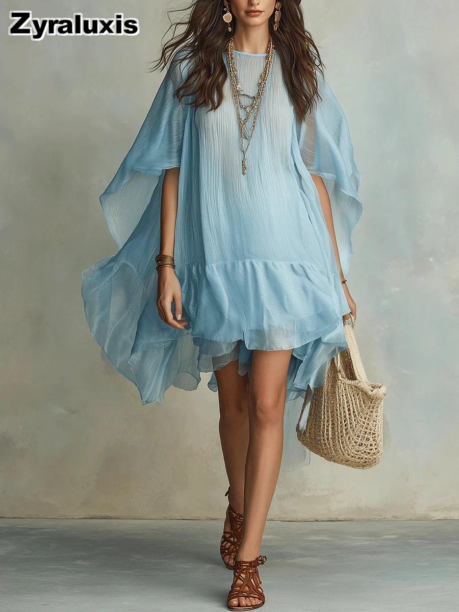 New Women s Bohemian Chiffon Dress Irregular Ruffle Flowy Vacation Maxi Dress S