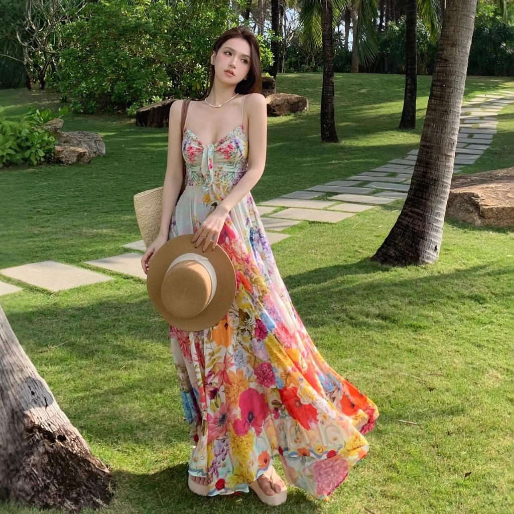 Holiday Style Beautiful Art Color Floral Suspender Dress Summer High Waist Backless Pendulum Seaside Photo Dress