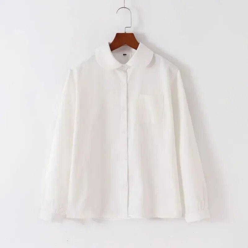 Japanese Style Fashion Pointed Turn Down Collar Blouse Autumn Long Sleeve Shirt With Pocket Women Tops Solid Color Clothes 29876
