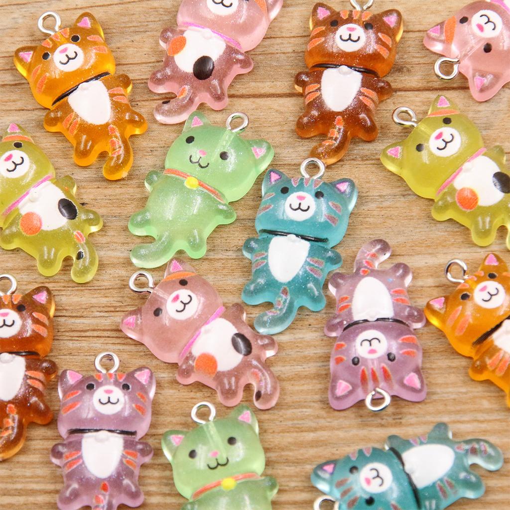 10pcs Mixed Cartoon Cute Cat Design Charms 3D Luminous Resin Animal Pendants For DIY Bracelet Necklace Jewelry Making Accessory