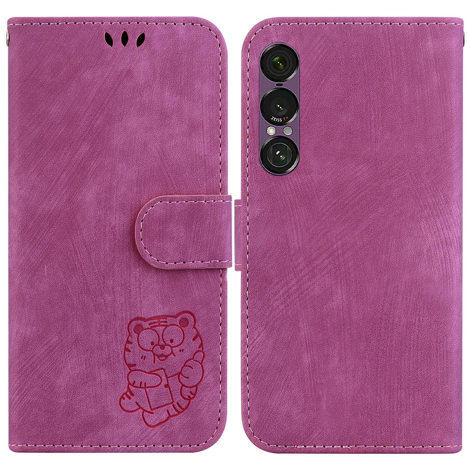 

For Sony Xperia 1 VII Wallet Case Tiger Imprint Leather Shockproof Phone Cover with Wrist Strap Rose