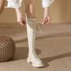 White knight boots women's autumn and winter soft leather lace-up thick-soled boots women's thick-heeled long boots high boots piled and thickened
