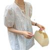 French White Design Hollow Lace Top Women's Summer Versatile Loose Short-sleeved Shirt Bubble Sleeve Shirt