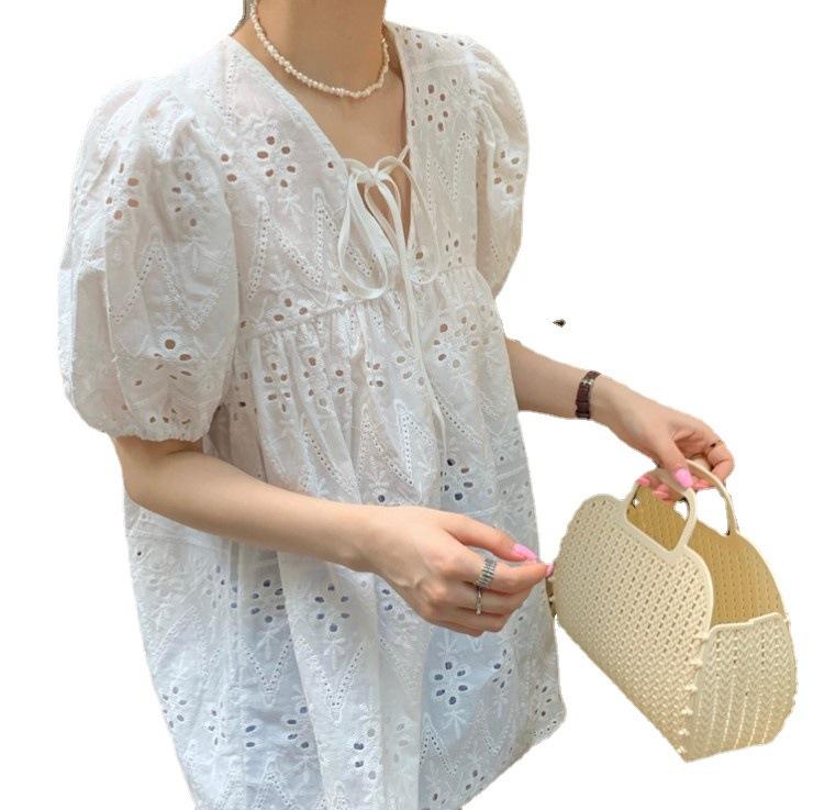 French White Design Hollow Lace Top Women's Summer Versatile Loose Short-sleeved Shirt Bubble Sleeve Shirt