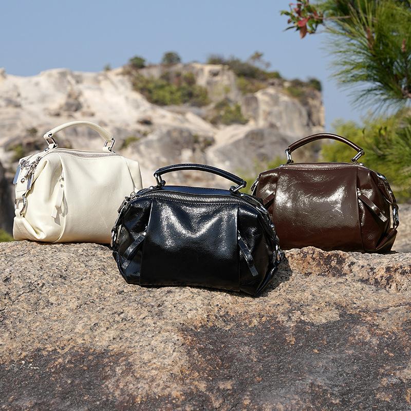 Spring and Summer European and American Boston Bag Genuine Leather Women's Bag Pillow Bag Handbag New Top Leather One Shoulder Cross Span Bag
