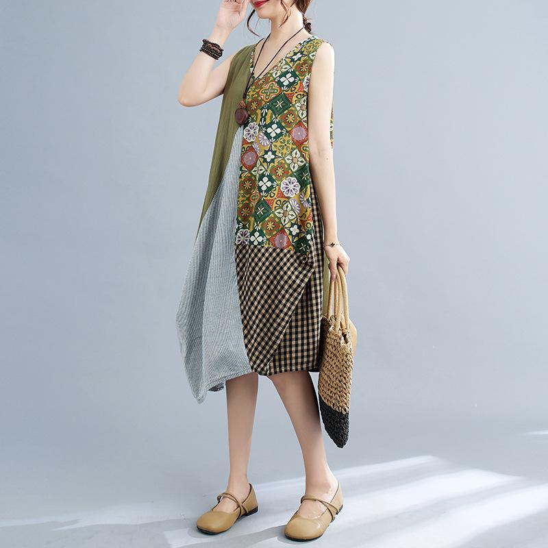 Women's Art Style Splicing Halter Vest Dress In The Long Irregular Swing Dress
