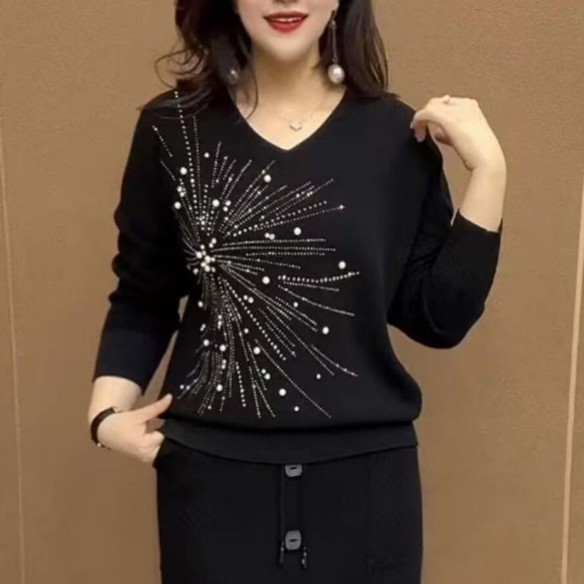 

Женский свитер с V-образным вырезом, осенне-зимний, с бисером, свободного кроя, однотонный пуловер, вязаный топ L чёрный