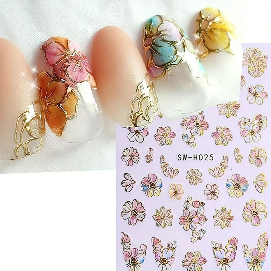 5D Nail Stickers Glitter Golden Dasiy Flowers Geometric Lines Decor Acrylic Embossed Sliders Golden Frame Spring Nail Decals Cherry Blossom Manicure