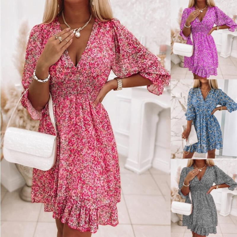 Summer Floral Print Mini Dresses Women Vintage Sexy A-Line V-Neck Half Sleeve Party Dress Female Casual Elegant Beach Dress