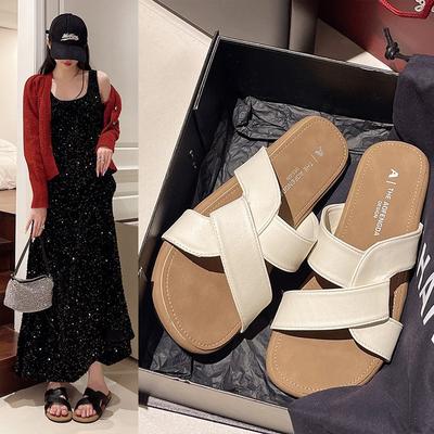Cross-strapped Slippers Women's Summer Outer Wear New Year's New French Retro Style Casual Flat-bottomed Beach Non-slip Sandals