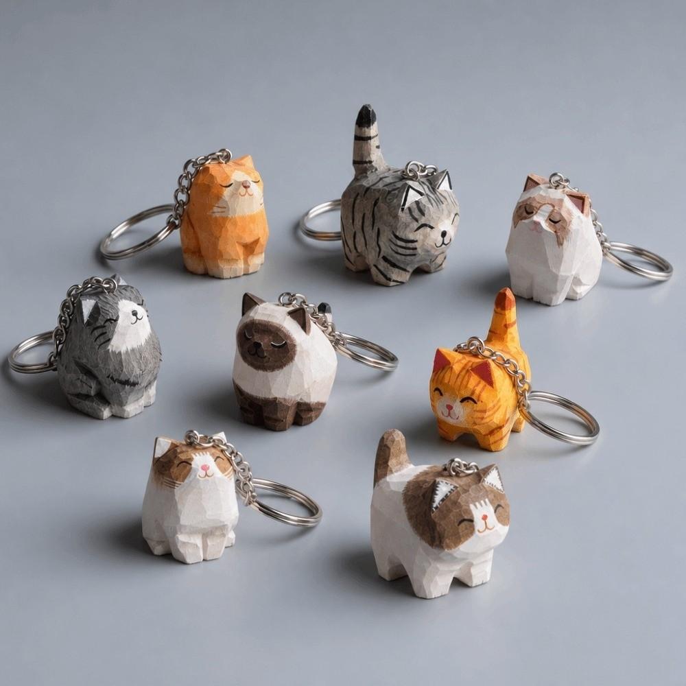 Creative Wooden Carving Cat Keychain Handmade Siamese Cat Keyring Hanging Accessory