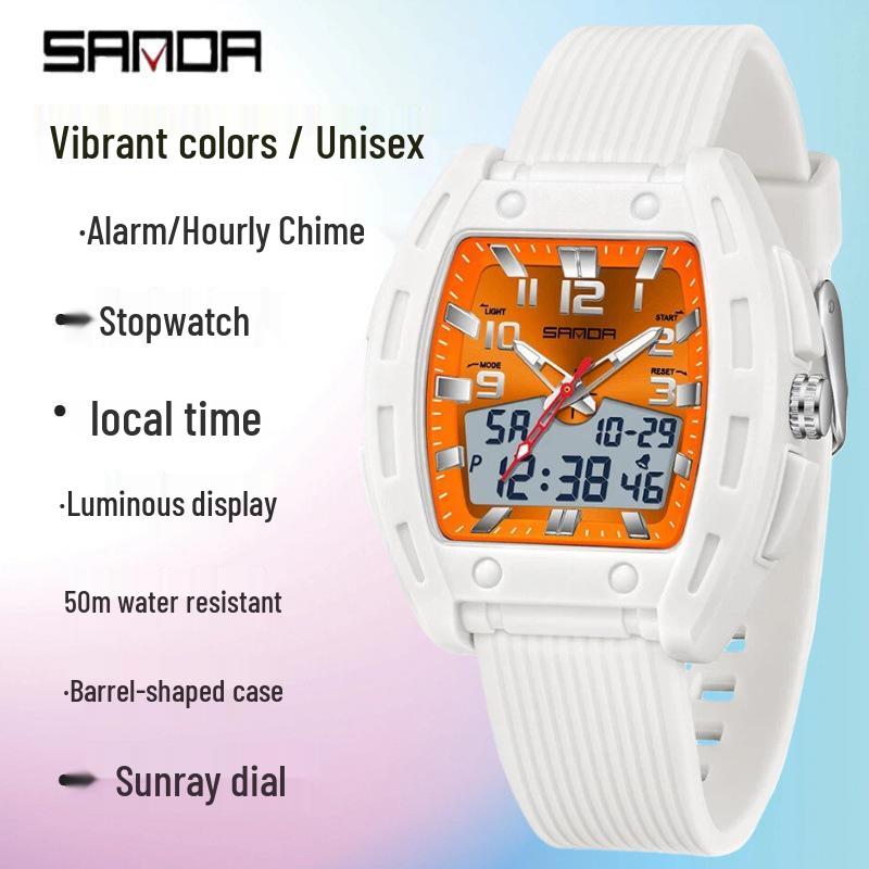 SANDA Men's Waterproof Luminous Sports Watch - Countdown & Multifunctional Barrel-Shaped Electronic Watch with Large Dial