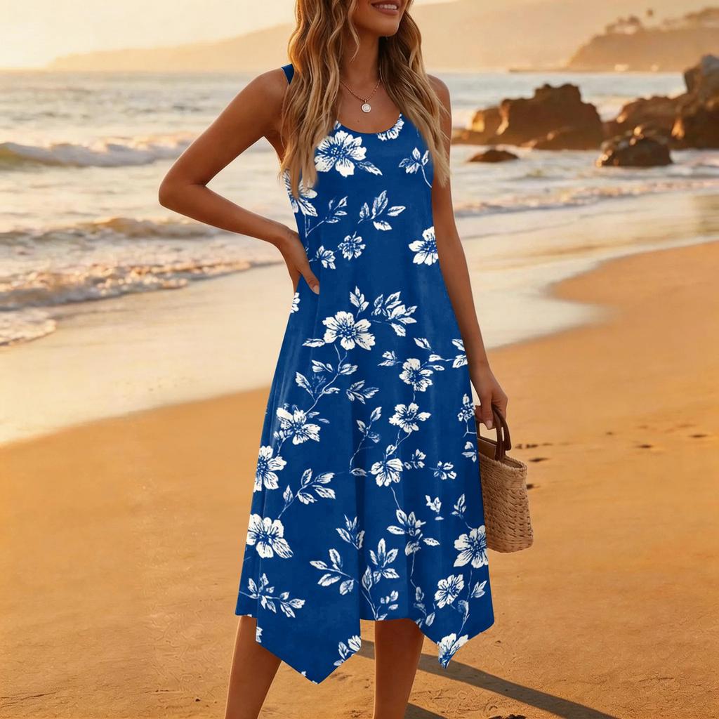 Women's Casual Sleeveless Floral Print Dress Round Neck Irregular Hem Mid-Length Summer Dress Lightweight Comfortable Fabric