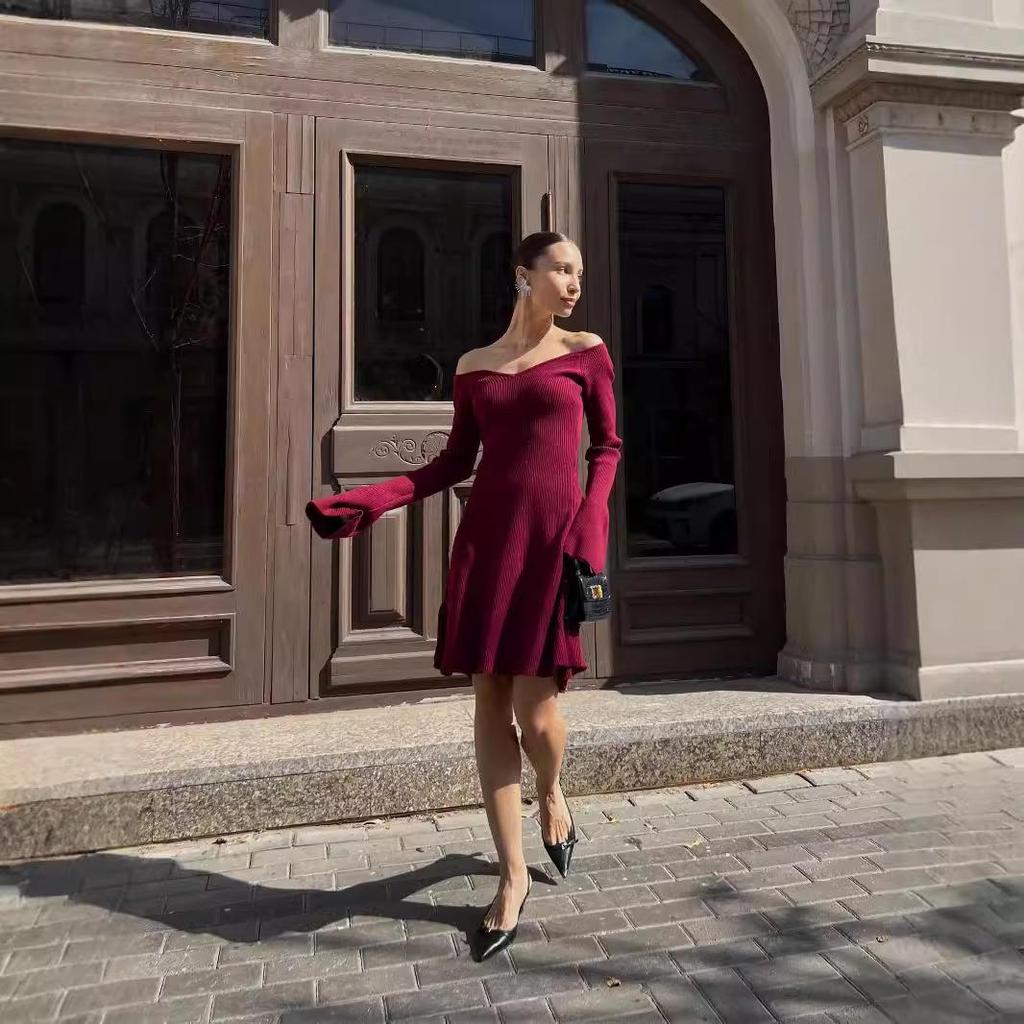Off-Shoulder Long Sleeve Sweater Dress - Sexy Knit A-Line Short Skirt for Fall/Winter