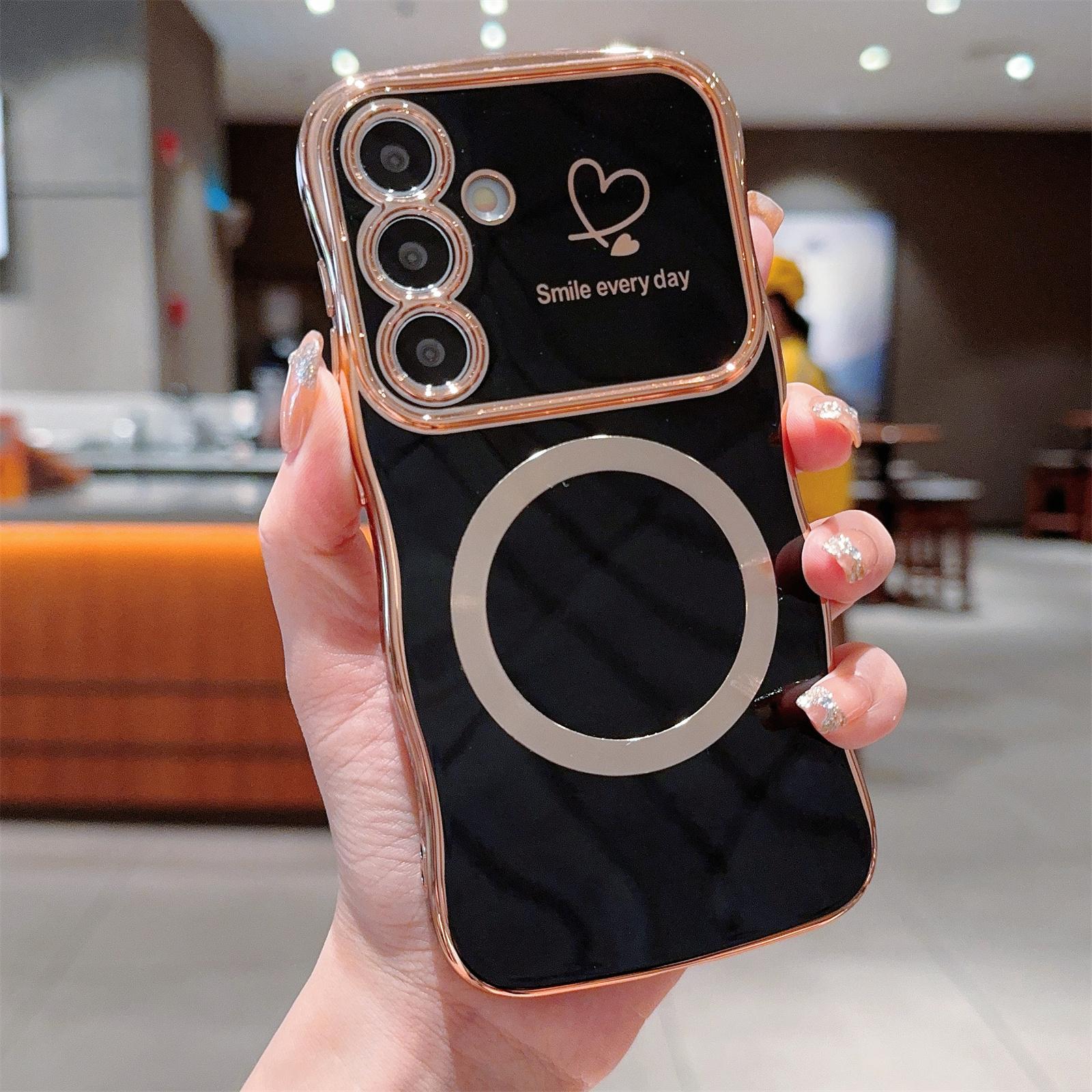 

For Samsung Galaxy S25 Magnetic Case Electroplating Curly Frame TPU Phone Cover Large Window Black