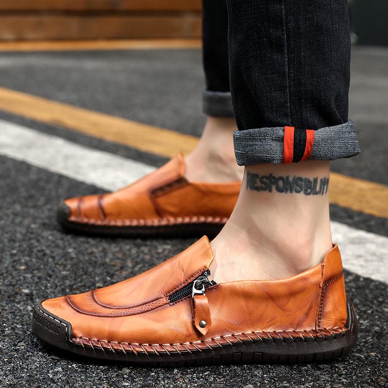 

38-48 Мужские большие размеры, резиновая обувь для вождения автомобиля с ручной строчкой, мужская обувь 48 светло-коричневого