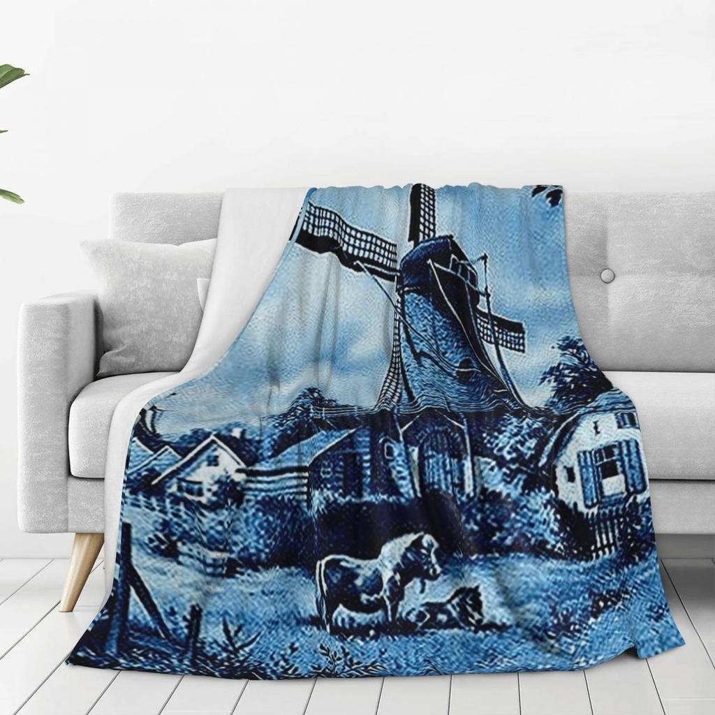Dutch Blue Delft Vintage Windmill Blankets Soft Warm Flannel Throw Blanket Bedspread for Bed Living room Picnic Travel Home Sofa