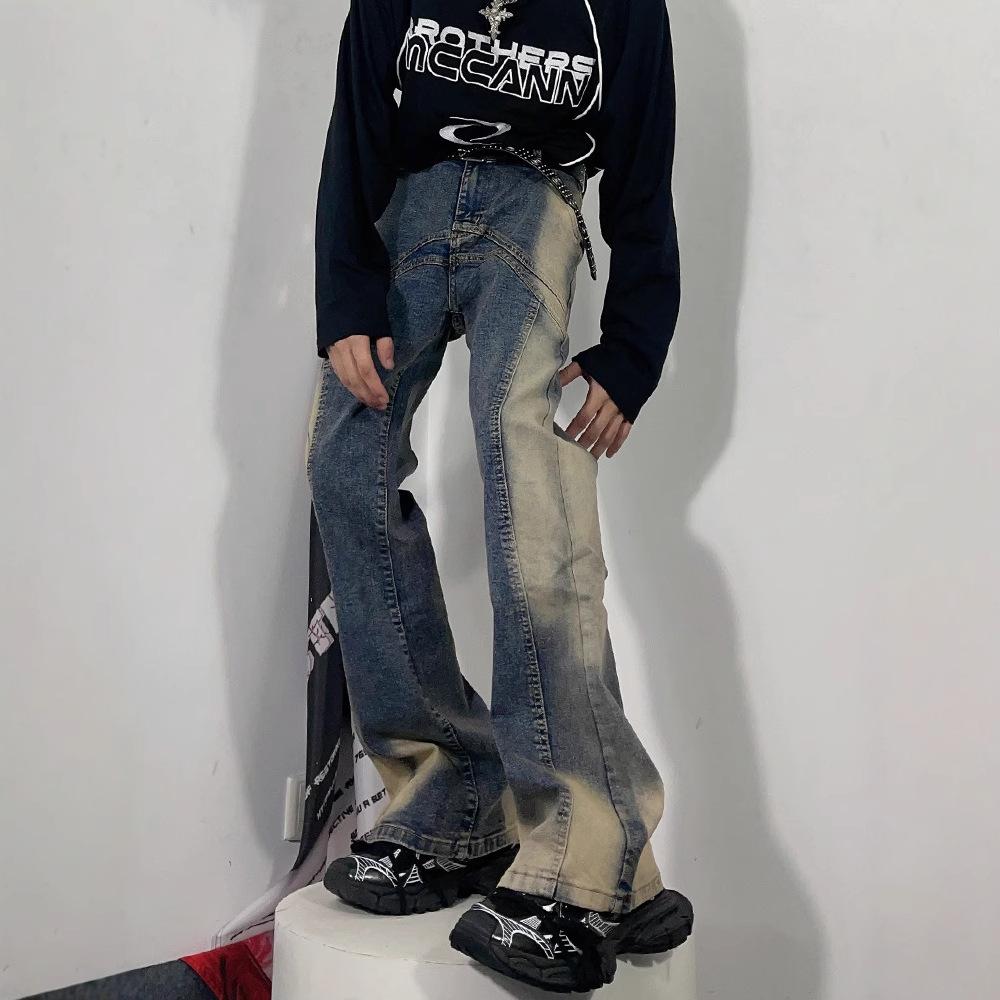 American high street vibe washed retro micro-flared jeans men's hiphop loose and thin trousers trendy pants trendy
