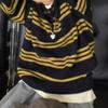 Women's Retro Stripe Pure Wool Polo Collar Sweater - Color Block Design, Lazy Style Knit Pullover