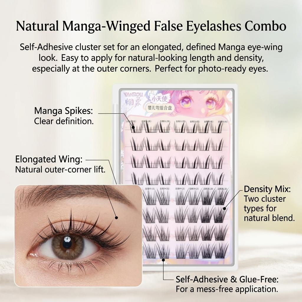Angled Wing Eyelashes Black Synthetic Fiber C Curl Lightweight Comfort Fit for Natural Makeup