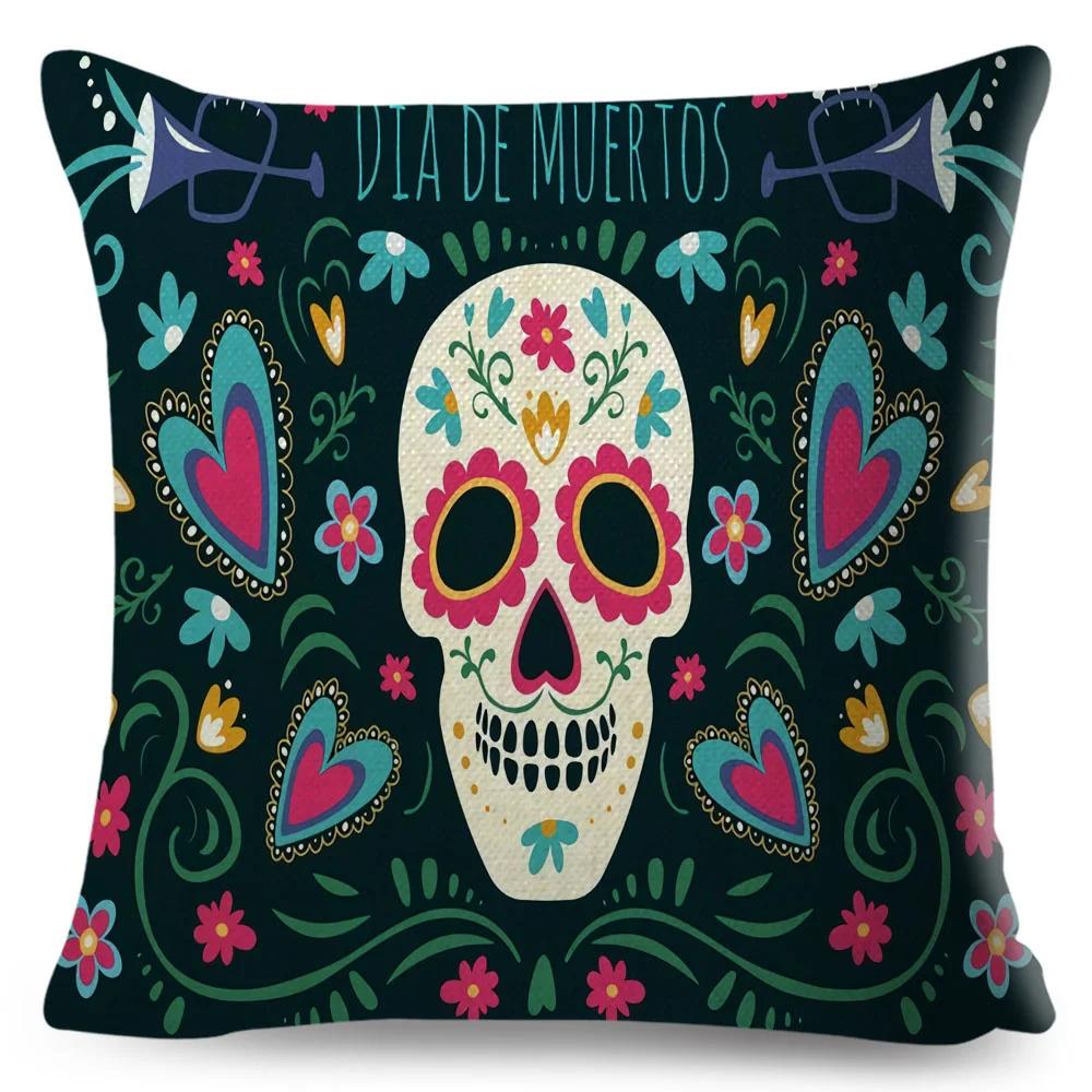 Day Of The Dead Pillowcase Decor Cartoon Mexico Flower Skull Print Cushion Cover for Sofa Home Polyester Pillow Case 45x45cm